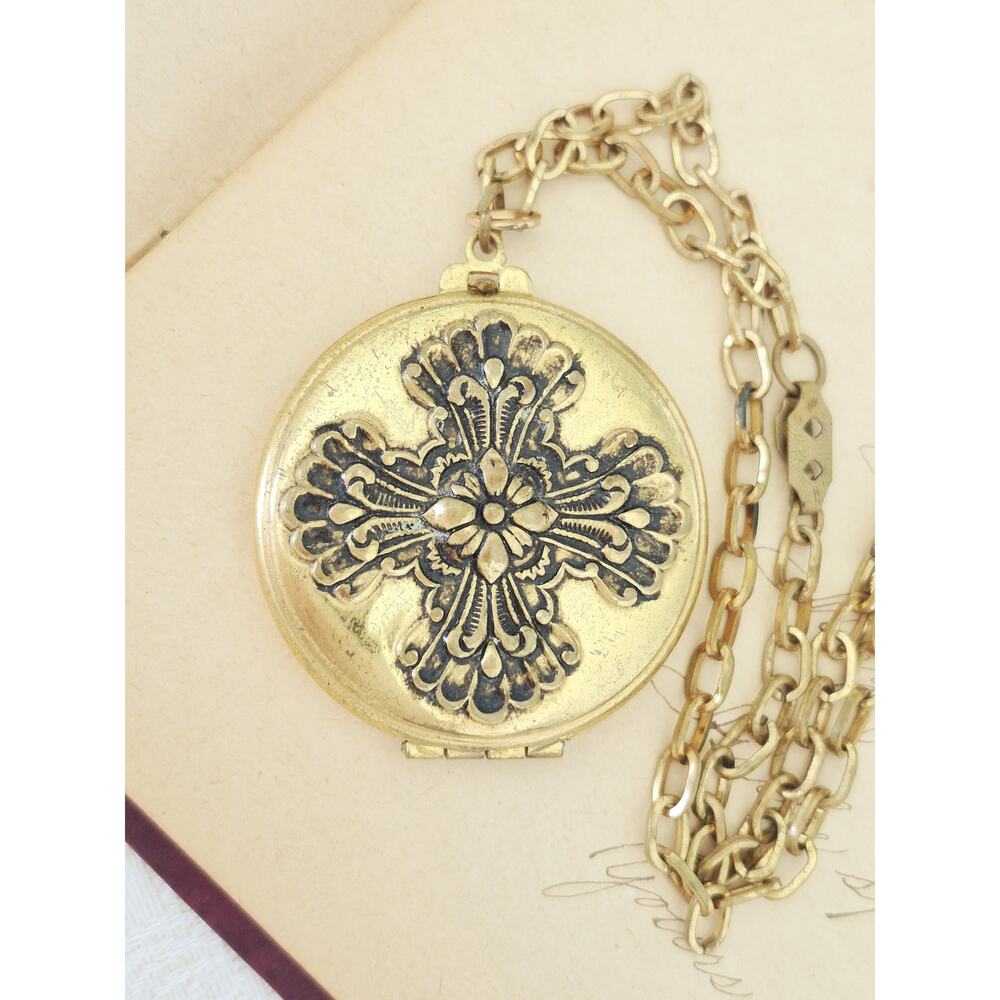 Antique Victorian Floral Etched Maltese Cross Gold Filled Locket Necklace